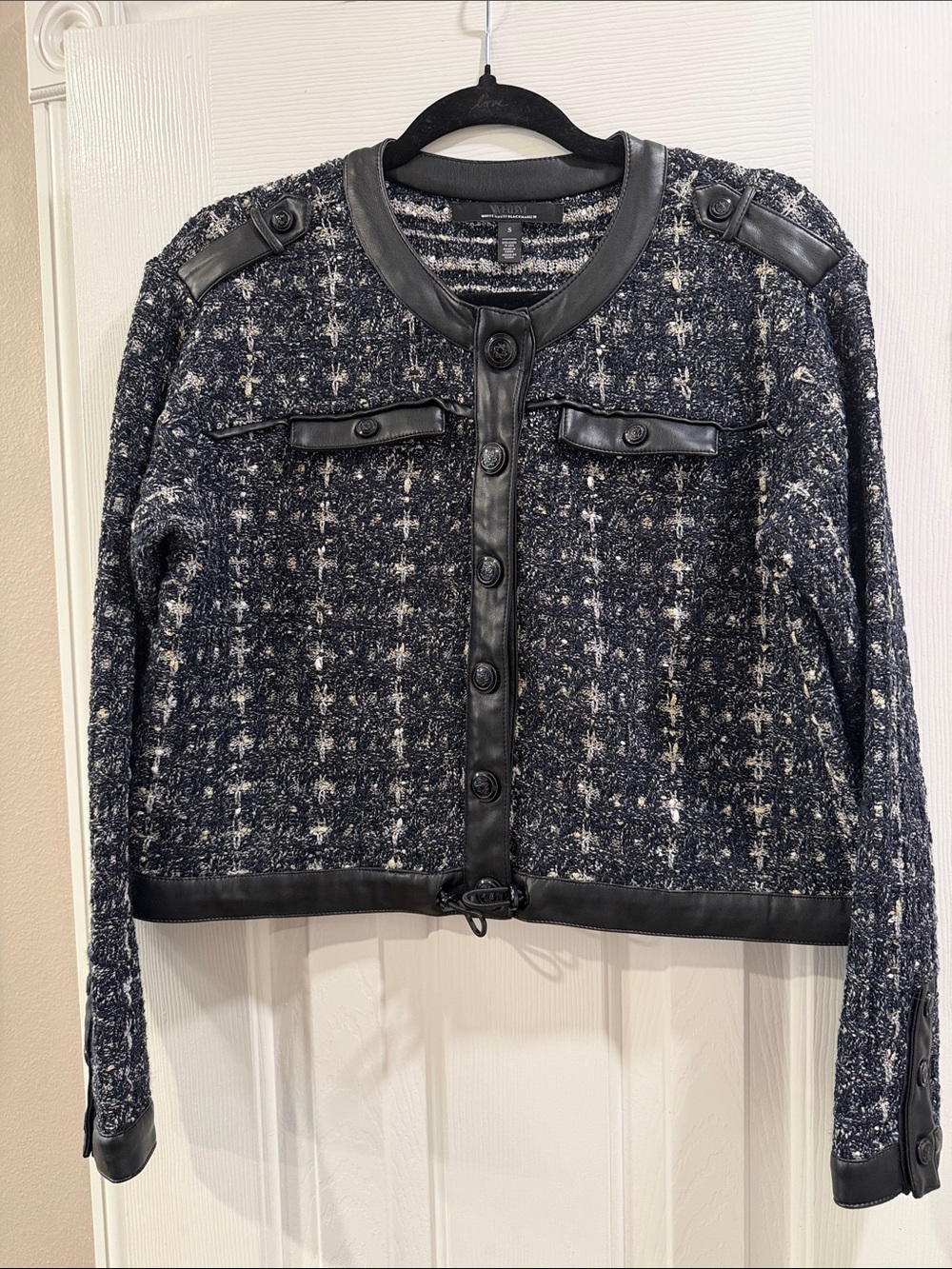 White House Black Market Tweed sweater  Jacket with Leather Trim NWOT Size S